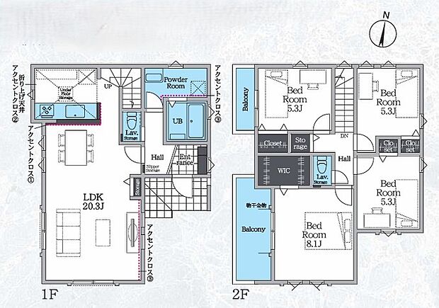 【間取り図】ウォークインクローゼットが主寝室にあり、バルコニーも2面あるのが特徴な4LDKです。