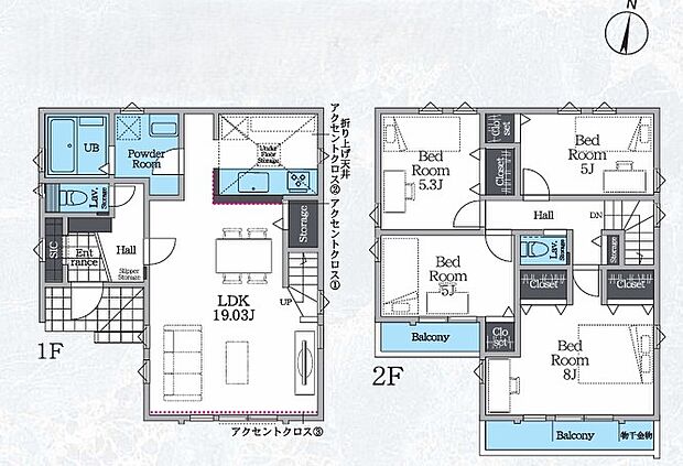 【間取り図】シューズインクローゼットがあり、バルコニーも2面あるのが特徴な4LDKです。