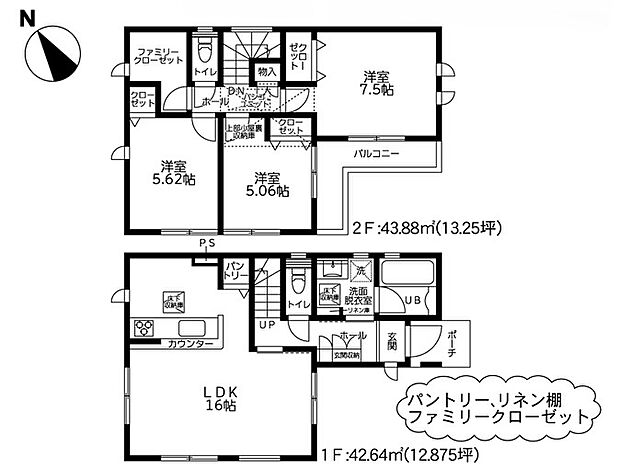 【間取り】パントリーやリネン庫など収納豊富な3LDKの間取りです。