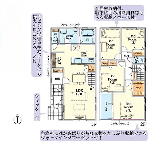【2号棟間取り図】キッチン横のカウンターではお子様に宿題をさせたり、家族のPC置き場など使い勝手のよさそうな設計です