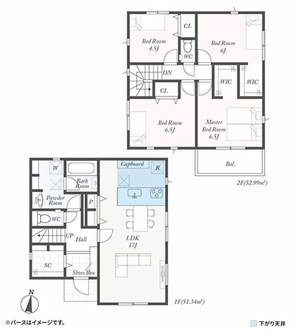 【1号棟:間取り図】シューズインクローゼットや大きなストレージがある4LDKの間取りです。