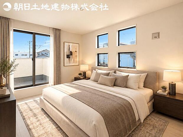 【寝室】道行く人の視線を気にせず暮らせる安心感。そして窓から見える空がさらなる解放感を演出します。※家具や小物等はCG合成です。