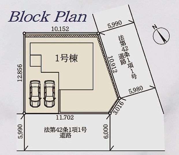 【区画図】カースペース並列2台駐車かつ南側にお庭スペースがあり、角地の為開放感を感じられる現場です。