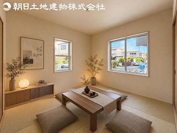 【和室】リビングの隣にはほっと寛げる和室をご用意。来客者の宿泊スペースにもいいですね。※家具や小物等はCG合成です。