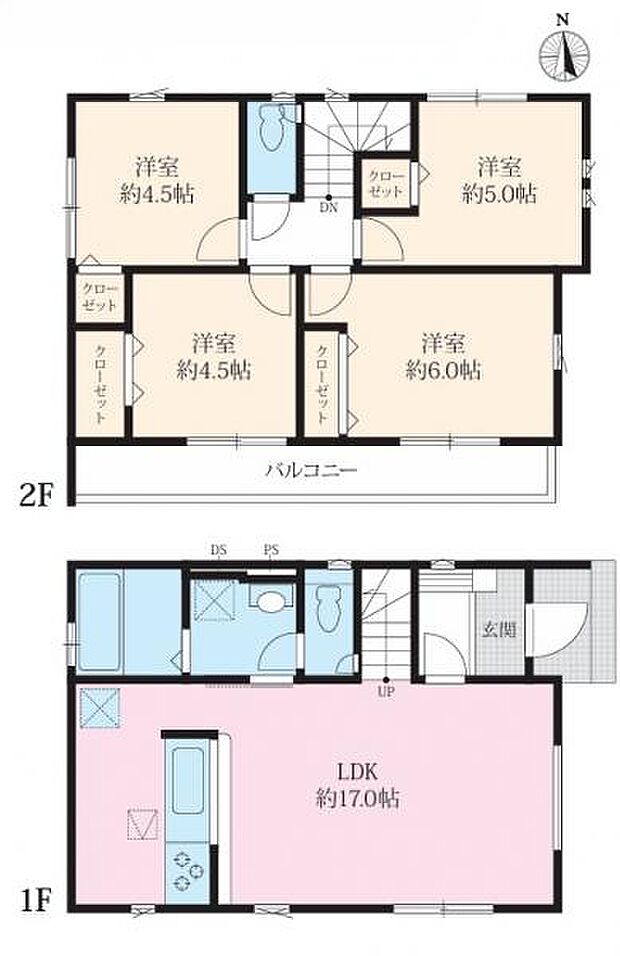 【間取図】南向きのワイドバルコニーがあり2部屋から出入りできる4LDKの間取りです。