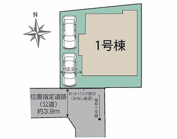【区画図】カースペース2台分（車種による）あり、車＋バイクの置き方も検討できます。
