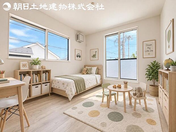 【洋室】開口部いっぱいから取り入れた柔らかな日差しとフローリングの色味が調和し快適空間を演出します。※家具や小物等はCG合成です。