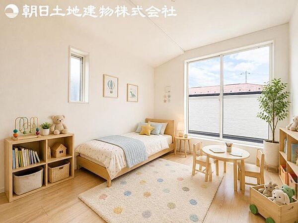 【子供部屋】開口部いっぱいから取り入れた柔らかな日差しとフローリングの色味が調和し快適空間を演出します。※家具等はCG合成です。