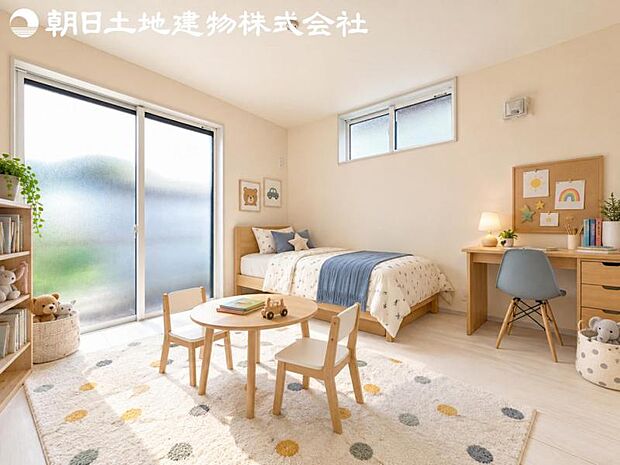【子供部屋】開口部いっぱいから取り入れた柔らかな日差しとフローリングの色味が調和し快適空間を演出します。※家具や小物等はCG合成です。