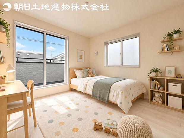 【子供部屋】開口部いっぱいから取り入れた柔らかな日差しとフローリングの色味が調和し快適空間を演出します。※家具や小物等はCG合成です。