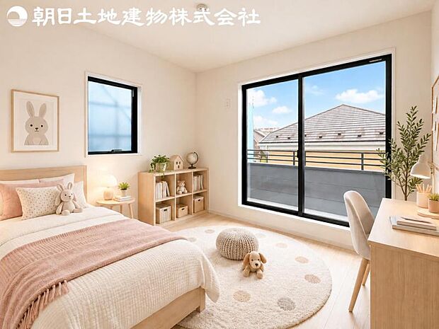 【子供部屋】バルコニーに面した掃出し窓があるため、光を取り込み明るいお部屋となっております。※家具や小物等はCG合成です。