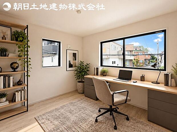 【書斎】2面より光を取り込み明るいお部屋となっております。※家具や小物等はCG合成です。