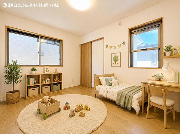 【子供部屋】2面より光を取り込み明るいお部屋となっております。※家具等はCG合成です。