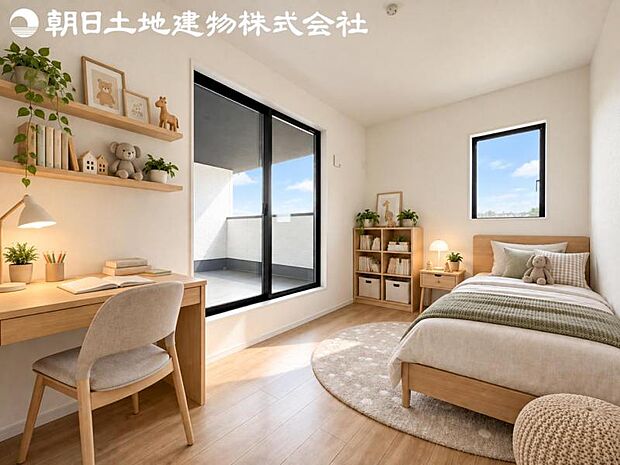 【子供部屋】バルコニーに面した掃出し窓があるため、光を取り込み明るいお部屋となっております。※家具や小物等はCG合成です。