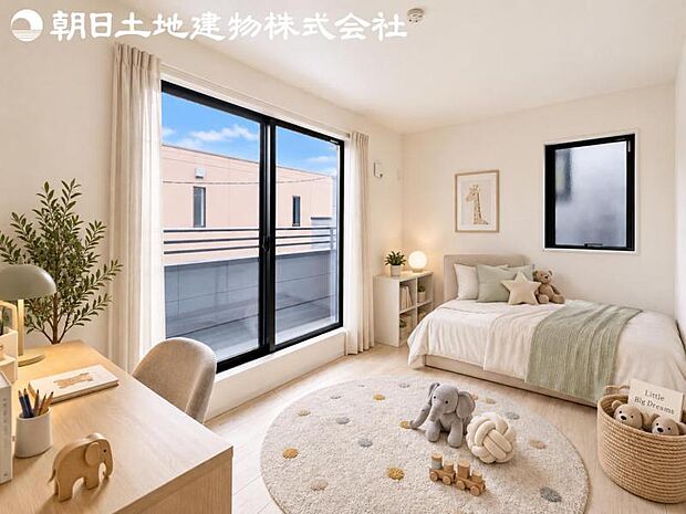 【子供部屋】バルコニーに面した掃出し窓があるため、光を取り込み明るいお部屋となっております。※家具や小物等はCG合成です。