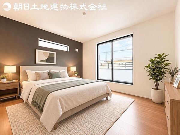【寝室】時間がゆったりと流れるのを感じるプライベート空間です。リビングで楽しくすごしたあとはリラックスタイムを愉しめます。※家具等はCG合成です。