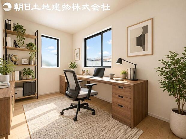 【書斎】2面より光を取り込み明るいお部屋となっております。※家具や小物等はCG合成です。
