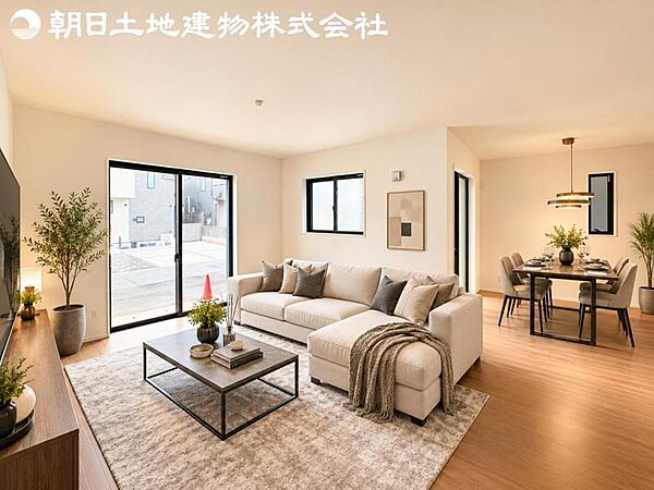 【リビング】静寂も喧騒も楽しめるご家族のお気に入りの大空間。いつまでもその場にいたくなる心地よさがご家族を繋げます。※家具や小物等はCG合成です。