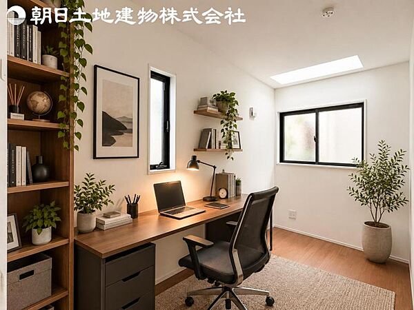 【書斎】2面より光を取り込み明るいお部屋となっております。※家具や小物等はCG合成です。
