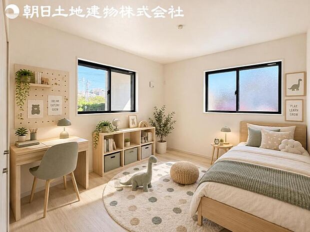 【子供部屋】開口部いっぱいから取り入れた柔らかな日差しとフローリングの色味が調和し快適空間を演出します。※家具や小物等はCG合成です。