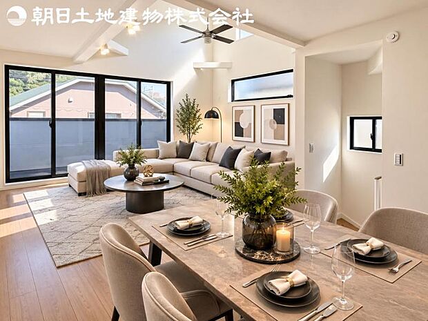 【リビング】開口部からたくさんの採光が望める快適空間となりご家族が集まりやすいリビングです。※家具や小物等はCG合成です。