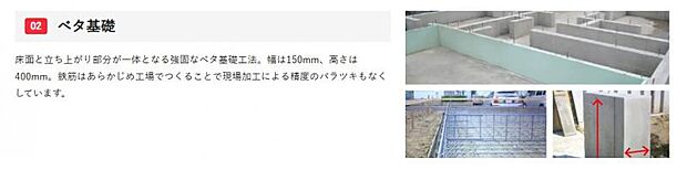 床面と立ち上がり部分が一体となる強固なベタ基礎工法。幅は150mm、高さは400mm。鉄筋はあらかじめ工場でつくることで現場加工による精度のバラツキもなくしています。