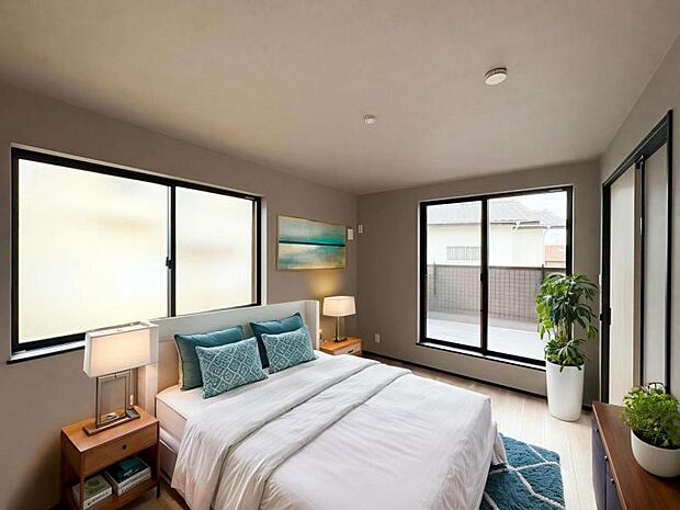 【洋室】木目のフローリングが暖かみのある室内に。明るい寝室で心地のいい朝を迎えられそう。※家具はCG合成の為付属しません。