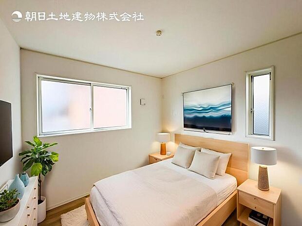 【洋室】木目のフローリングが暖かみのある室内に。明るい寝室で心地のいい朝を迎えられそう。※家具はCG合成の為付属しません。