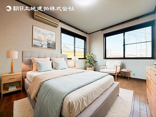 【洋室】木目のフローリングが暖かみのある室内に。明るい寝室で心地のいい朝を迎えられそう。※家具はＣＧ合成の為付属しません。