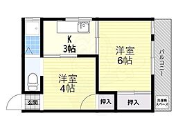 杉マンション 3階2Kの間取り