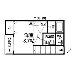 アスコット東長町 2階ワンルームの間取り