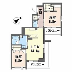 ＣＬＡＳＳＥＵＭ連坊III 2階2LDKの間取り
