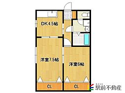 永野アパート 2階2DKの間取り