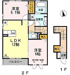 新棒屋第1城北ハイツ 2LDKの間取図画像