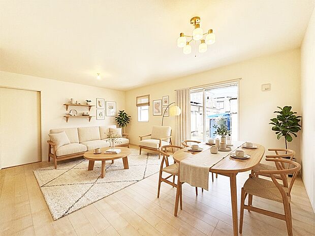 大きな窓からたっぷりの陽光と風を感じられるリビング※家具はCGです