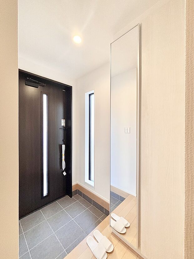 ガラススリットの入った玄関ドアが室内に光を届けてくれます  