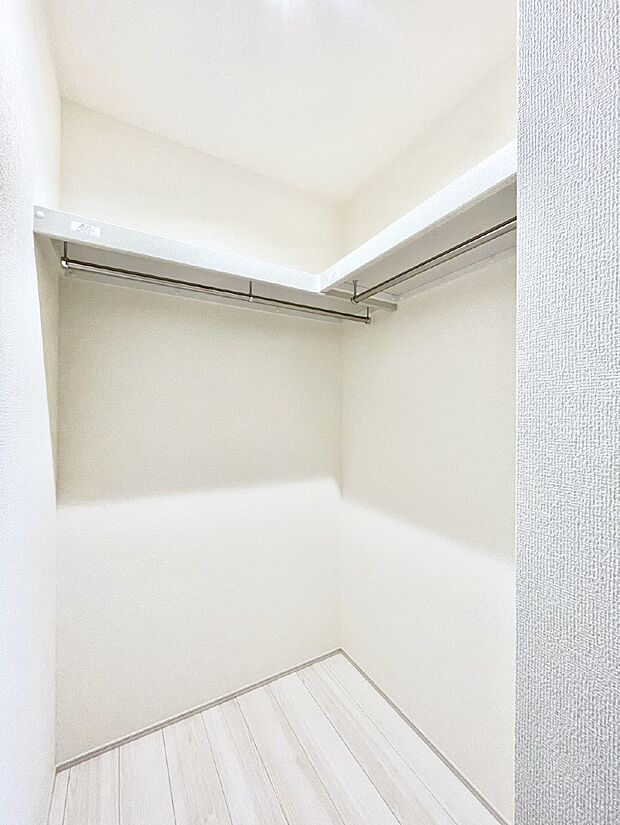ゆとりの洗面スペース。ハンガーポールが付いていて便利です。