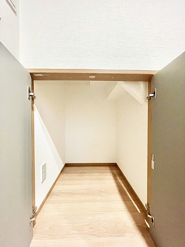 日用品のストックや水などの備蓄に使える階段下収納。