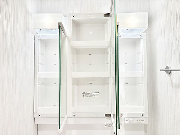 三面鏡の裏に、化粧品や衛生用品などを収納可能。洗面台をすっきりと保ちます！