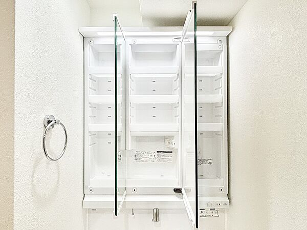 三面鏡の裏に、化粧品や衛生用品などを収納可能。洗面台をすっきりと保ちます！