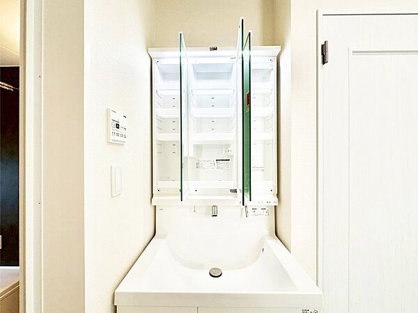 三面鏡の裏に、化粧品や衛生用品などを収納可能。洗面台をすっきりと保ちます！
