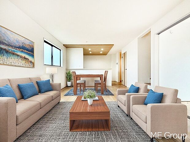 家族の和やかな会話が聞こえてきそう。開放感のあるリビングです。※家具はCGです