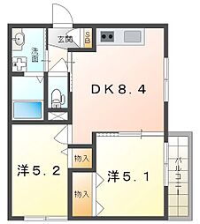 ラモーナ明和 2階2DKの間取り