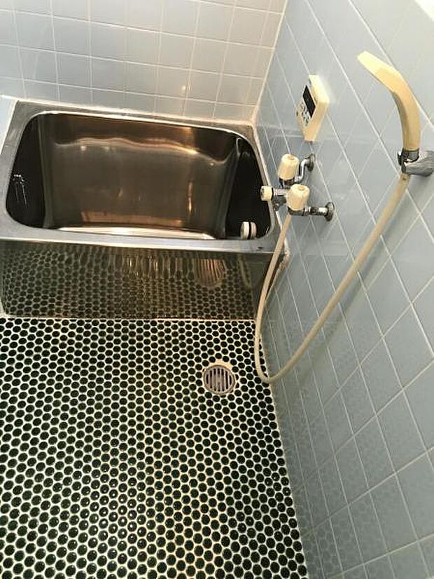 ステンレス製の湯舟のある浴室
