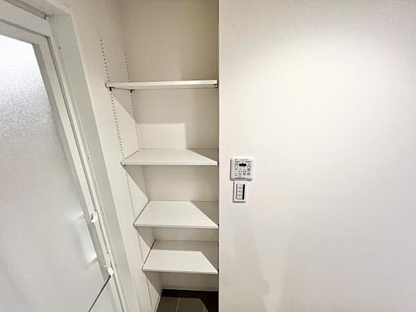 洗面台に備え付けられているオープン収納でございます。