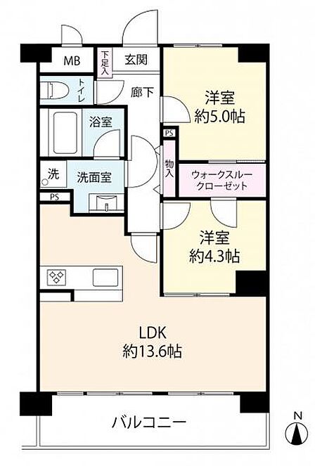 2LDK+ウォークスルークローゼット。収納力と生活動線を両立した、使い勝手の良い間取りです。