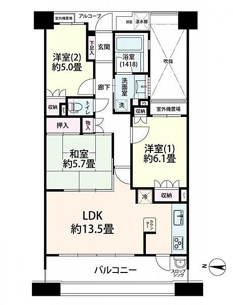 ～間取り図～ 中部屋ですが、吹き抜け部分によりバスルームにも窓が完備されております。