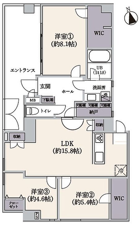 3LDK、専有面積76.14m2