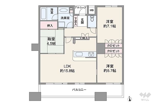 間取りは専有面積74.31平米の3LDK。横長のLDKと洋室1室がバルコニーに面したワイドスパンのプラン。バルコニー面積は12.74平米です。和室はLDKと廊下側から出入り可能な2WAY動線。