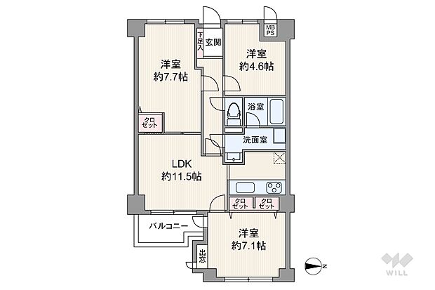 間取りは専有面積69.72平米の3LDK。LDK約11.5帖のプラン。バルコニー面積は4.72平米です。